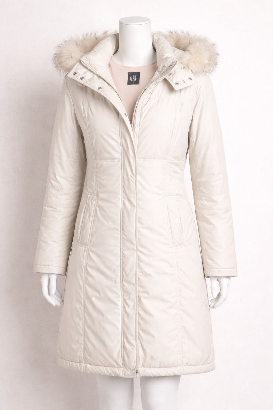 GAP Y2K Vintage Women’s Long Puffer Coat Cream Removable Faux Fur Hood Medium